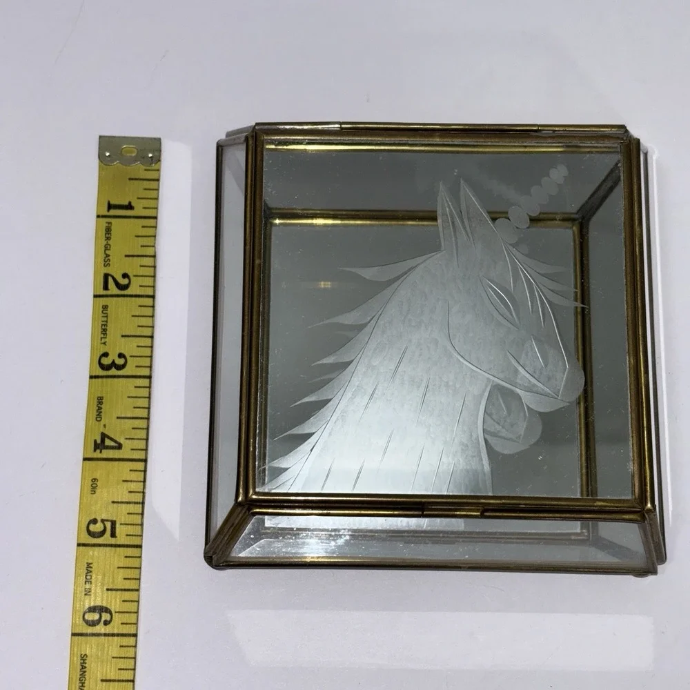 Vtg Brass w/ Etched UNICORN Glass Lid & Mirror Hinged Curio Jewelry Trinket Box